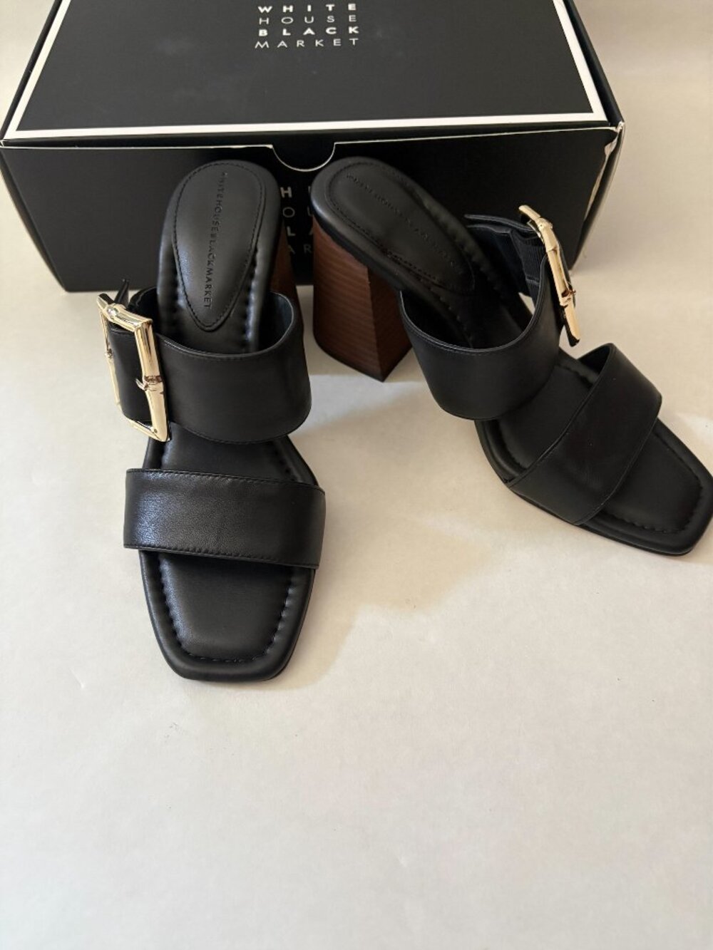 White House Black Market Bamboo Buckle Black Leather Heeled Slides Size 8 $150
